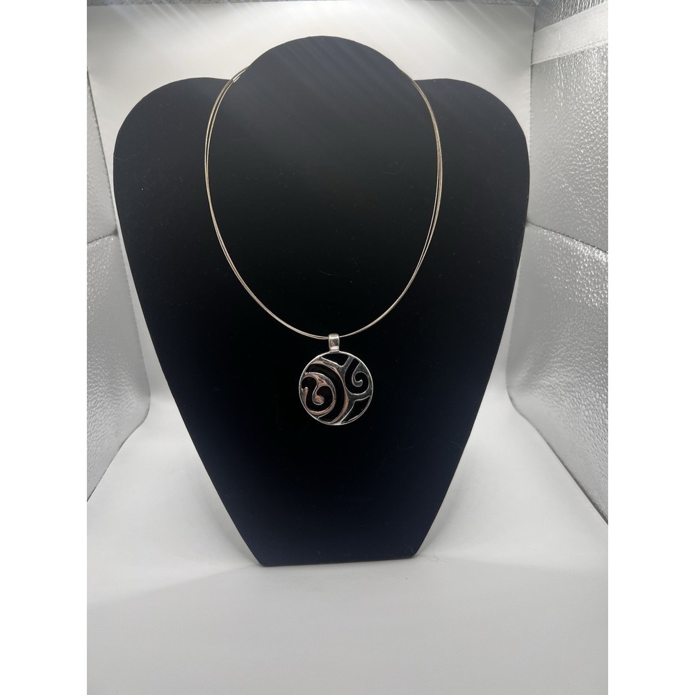 Vintage Silver Tone & Black Enamel Swirl Pendant Choker Necklace